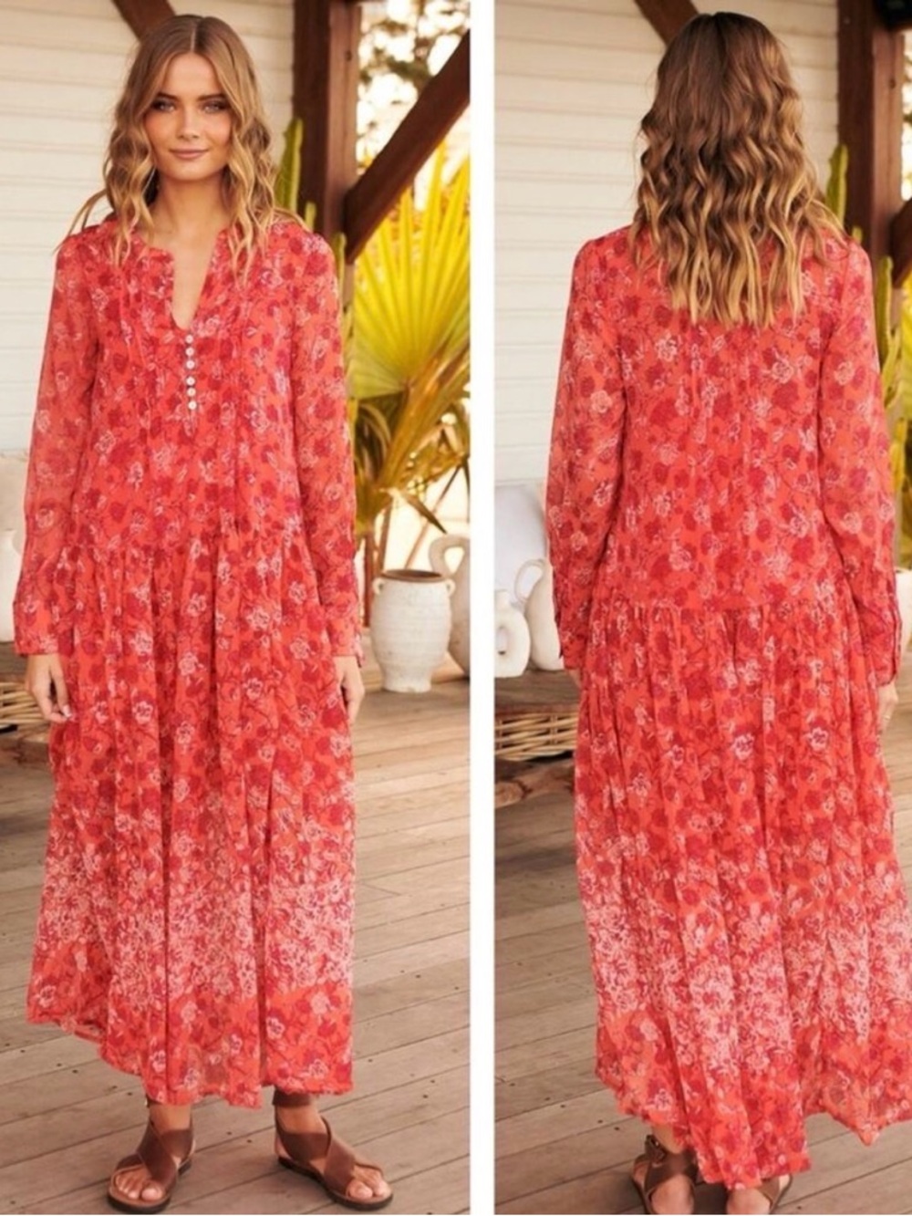 Free People Coral Floral Sheer Tiered Maxi Dress